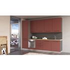 Straight kitchen LINE, 300 cm, rusty red fronts, worktop - cadiz oak, wall panel - anthracite