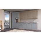Straight kitchen LINE, 360 cm, light blue and grey oak fronts, worktop and wall panel - cement