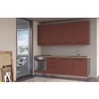 Straight kitchen LINE, 240 cm, rusty red fronts, worktop - cadiz oak, wall panel - anthracite