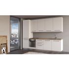 Straight kitchen LINE, 300 cm, white fronts, worktop - cadiz oak, wall panel - white