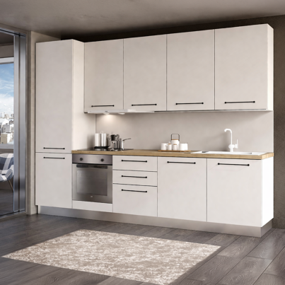 Straight kitchen LINE, 300 cm, white fronts, worktop - cadiz oak, wall panel - white