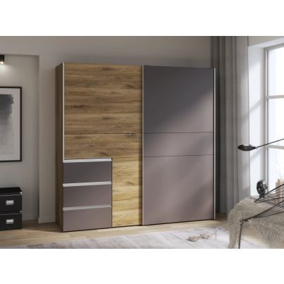 Sliding door wardrobe FORTEEN, with drawers, 200 cm, Light Flagstaff Oak and Graphite