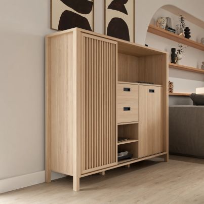High cabinet TWELVE 150 cm with drawers and sliding door, Riva Oak