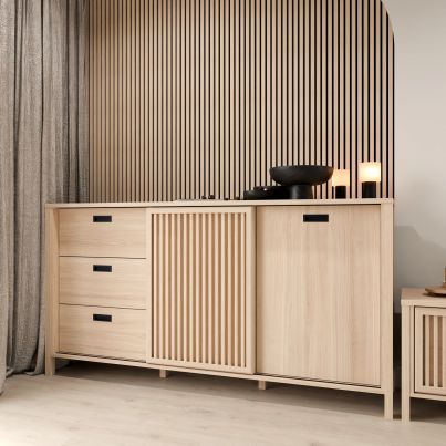 Chest TWELVE with drawers and sliding door with slats 180 cm, Riva Oak