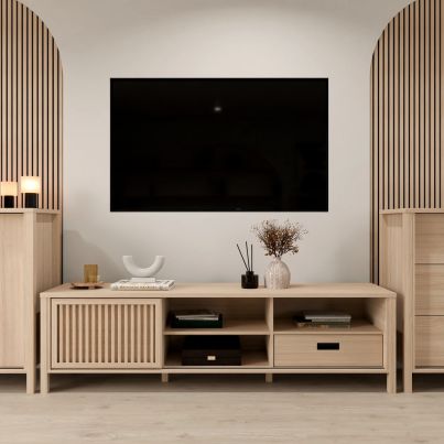 TV cabinet TWELVE 175 cm with drawer and sligind door with slats, Riva oak