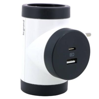 Adapter LEGRAND Premium, 2×2P+E, T-shaped, 2×USB A+C, rotating, white/dark grey