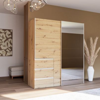 Wardrobe with sliding doors FORTEEN, with mirror and drawers, 170 cm, Artisan oak