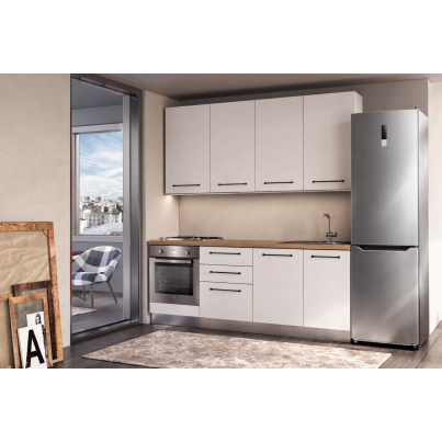 Еquipped Straight kitchen LINE, 240 cm, white fronts, worktop - cadiz oak, wall panel - white