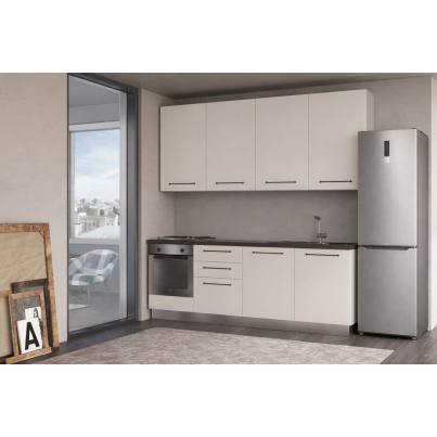 Еquipped Straight kitchen LINE, 240 cm, angora grey fronts, worktop - anthracite and wall panel - light grey