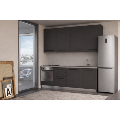 Еquipped Straight kitchen LINE, 240 cm, dark grey fronts, worktop and wall panel - cement