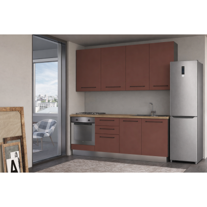 Еquipped Straight kitchen LINE, 240 cm, rusty red fronts, worktop - cadiz oak, wall panel - anthracite