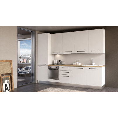 Еquipped Straight kitchen LINE, 300 cm, white fronts, worktop - cadiz oak, wall panel - white