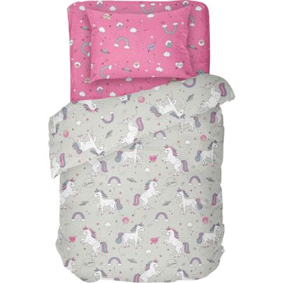 Single bed linen set DILIOS Unicorn, 3 pcs, pink