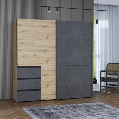 Sliding door wardrobe FORTEEN, with drawers, 200 cm, Artisan Oak and Concrete