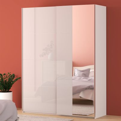 Wardrobe EIGHT with sliding doors and mirror 180 cm, White gloss
