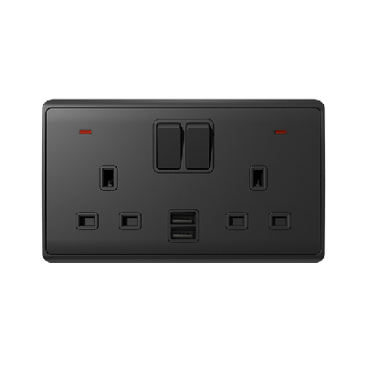 LONDON double socket 2P button switch neon+USB anthracite