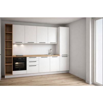 Straight kitchen LINE, 330 cm, white fronts, worktop - cadiz oak, wall panel - white