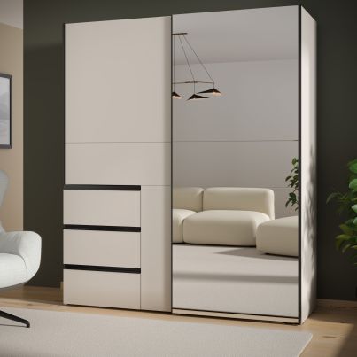 Wardrobe with sliding doors FORTEEN, with mirror and drawers, 170 cm, Sand color