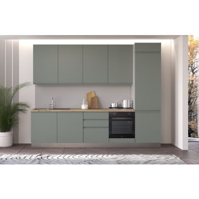 Straight kitchen IRENE, Right, 300 cm, green fronts, cadiz oak worktop and light grey wall panel