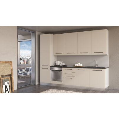 Straight kitchen LINE, 300 cm, angora grey fronts, worktop - anthracite,wall panel - light grey