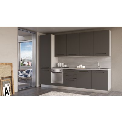 Straight kitchen LINE, 300 cm, dark grey fronts, worktop and wall panel - cement
