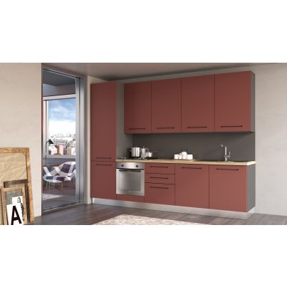 Еquipped Straight kitchen LINE, 300 cm, rusty red fronts, worktop - cadiz oak, wall panel - anthracite