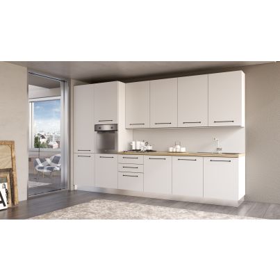 Straight kitchen LINE, 360 cm, white fronts, worktop - cadiz oak, wall panel - white