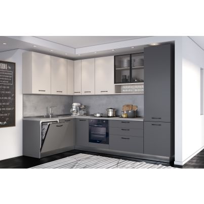 Corner kitchen VANIA, 187x320 cm, anthracite and cashmere fronts, worktop and wall panel - cement