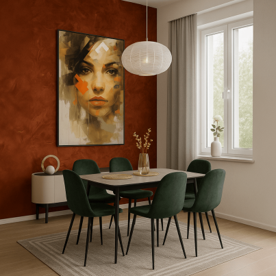 Dining room project with modern interior and decorations
