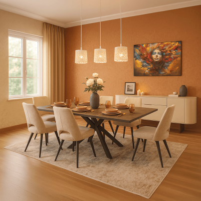 Dining room project with luxurious interior and designer furniture