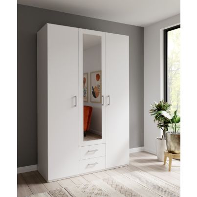 Wardrobe FIVE 130 cm with mirror and drawers, White