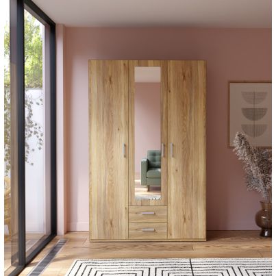 Wardrobe FIVE 130 cm with mirror and drawers, Mauvella Oak