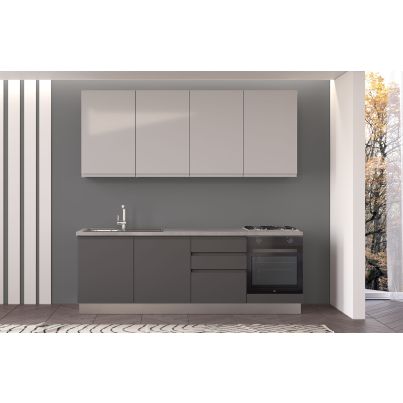 Straight kitchen IRENE, Left, 240 cm, dark and light grey fronts, worktop and wall panel - cement
