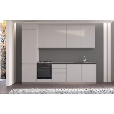 Straight kitchen IRENE, Left, 300 cm, light grey fronts, worktop and wall panel - anthracite