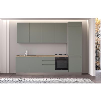 Straight kitchen IRENE, Right, 300 cm, green fronts, cadiz oak worktop and light grey wall panel