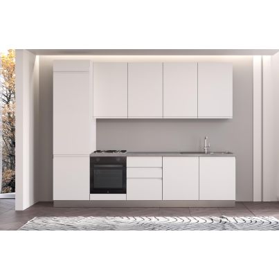Straight kitchen IRENE, Left, 300 cm, white fronts, worktop and wall panel - cement