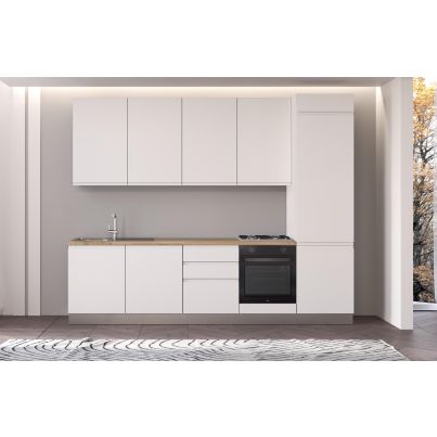 Straight kitchen IRENE, Right, 300 cm, white fronts, cadiz oak worktop and white wall panel