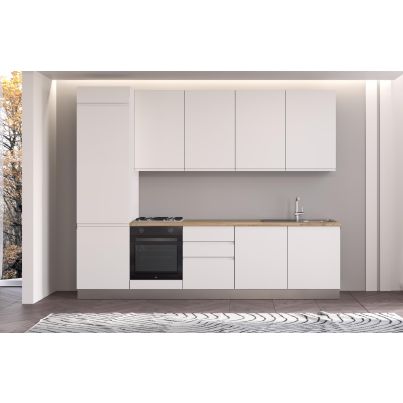 Straight kitchen IRENE, Left, 300 cm, white fronts, cadiz oak worktop, white wall panel