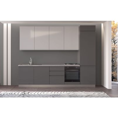 Straight kitchen IRENE, Right, 300 cm, dark and light grey fronts, worktop and wall panel - cement