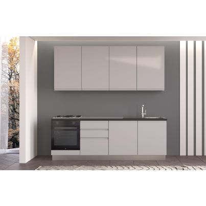 Straight kitchen IRENE, Right, 240 cm, light grey fronts, worktop and wall panel - anthracite