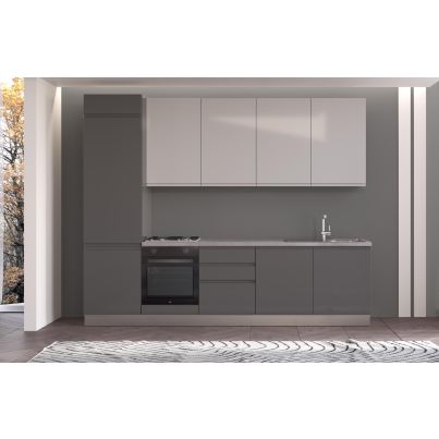 Straight kitchen IRENE, Left, 300 cm, dark and light grey fronts, worktop and wall panel - cement