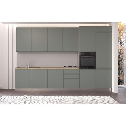 Straight kitchen IRENE, Right, 360 cm, green fronts, cadiz oak worktop and light grey wall panel