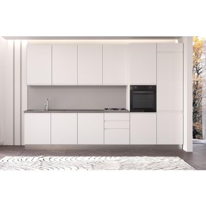 Straight kitchen IRENE, Right, 360 cm, white fronts, worktop and wall panel - cement