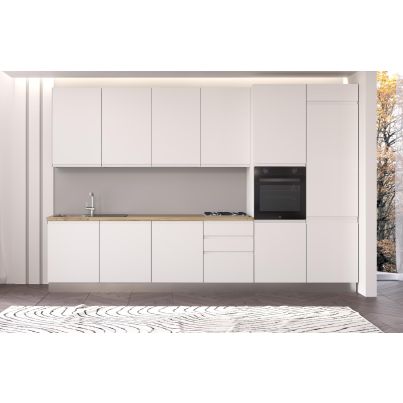 Straight kitchen IRENE, Right, 360 cm, white fronts, cadiz oak worktop and white wall panel