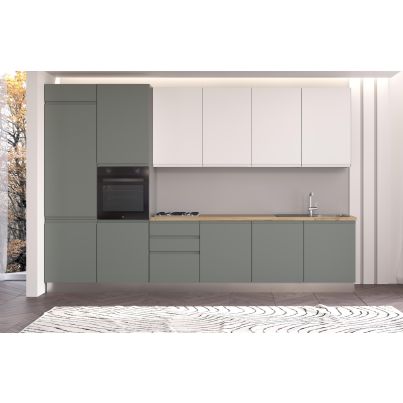 Straight kitchen IRENE, Left, 360 cm, green and white fronts, cadiz oak worktop and light grey wall panel