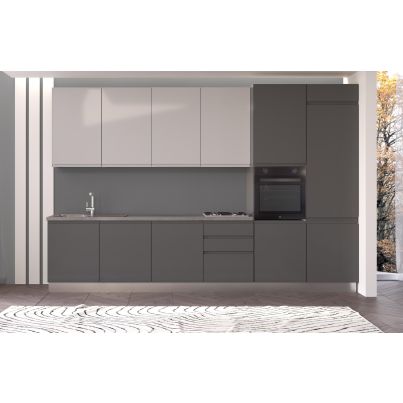 Straight kitchen IRENE, Right, 360 cm, dark and light grey fronts, worktop and wall panel - cement