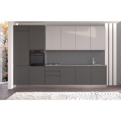 Straight kitchen IRENE, Left, 360 cm, dark and light grey fronts, worktop and wall panel - cement