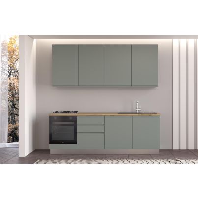Straight kitchen IRENE, Right, 240 cm, green fronts, cadiz oak worktop and light grey wall panel