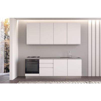 Straight kitchen IRENE, Right, 240 cm, white fronts, worktop and wall panel - cement