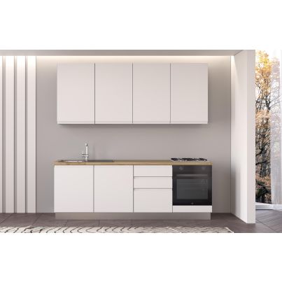 Straight kitchen IRENE, Left, 240 cm, white fronts, cadiz oak worktop and white wall panel